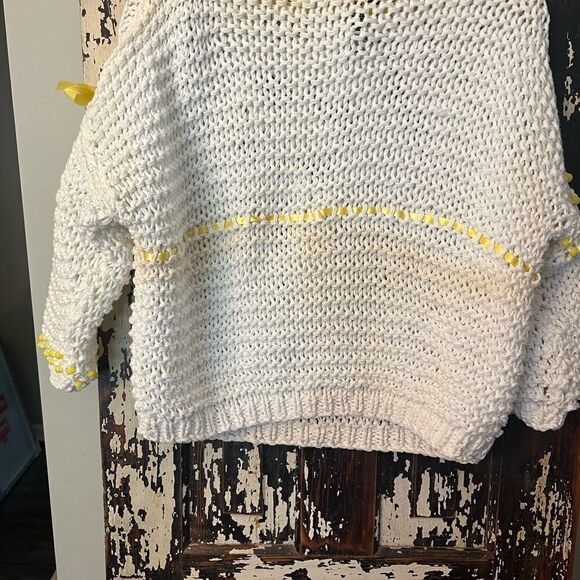 Hand knit Beautiful white and yellow ribbon beaded sweater. Women’s size Medium. - Picture 2 of 8